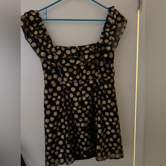 For Love & Lemons Lotti Ruffle Gold Dot Mini Dress Gold & Black - Picture 7 of 8